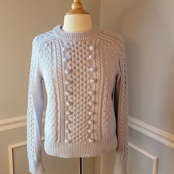 J.CREW Blue Wool Blend Popcorn Pom Pom Fisherman Cable Knit Crewneck Sweater - Picture 1 of 7